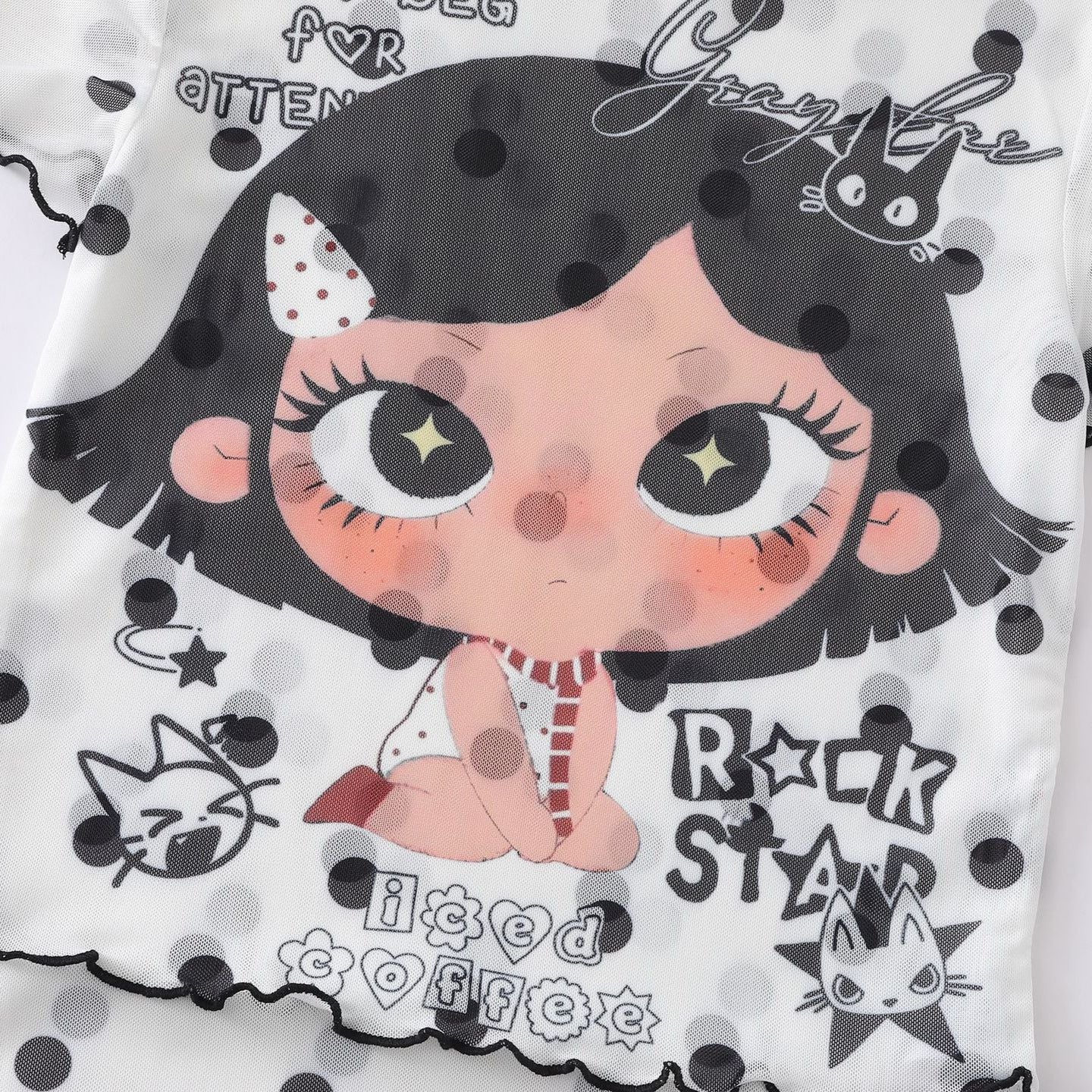 Unisex Cartoon Graffiti Mesh T Shirt Color Block Plaid Ruffle Trim Bodysuit