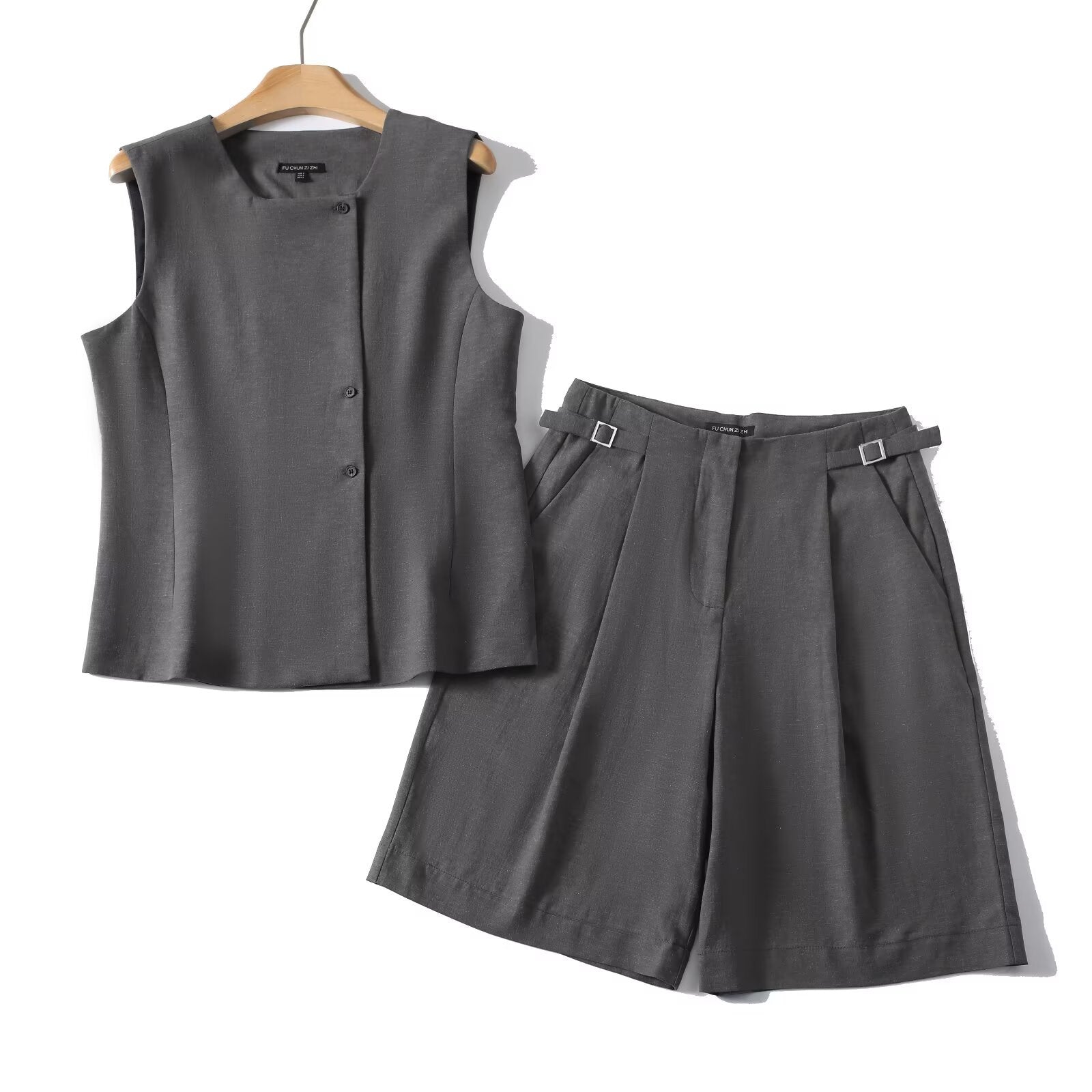 Women Double Breasted Vest And Buckle Loose Shorts Set Polyester Sleeveless