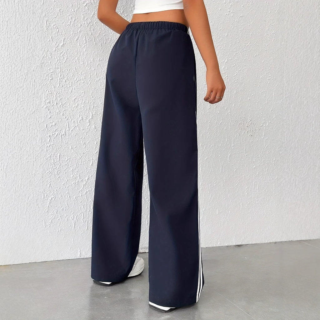 Dark Blue Striped Elastic High Waist Polyester Pants For Women Casual Long