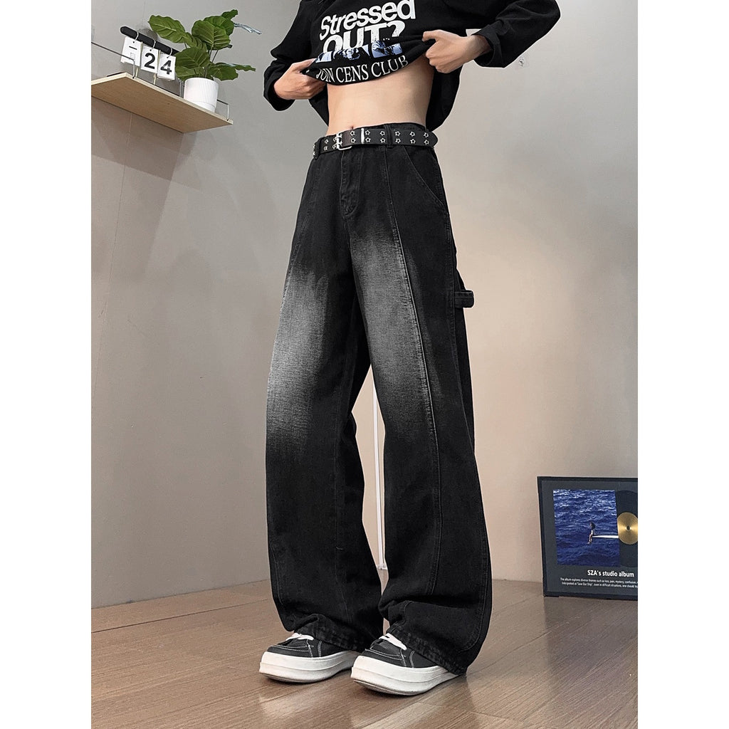 Washed Vintage Black Patchwork Mid Rise Wide Leg Denim Pants