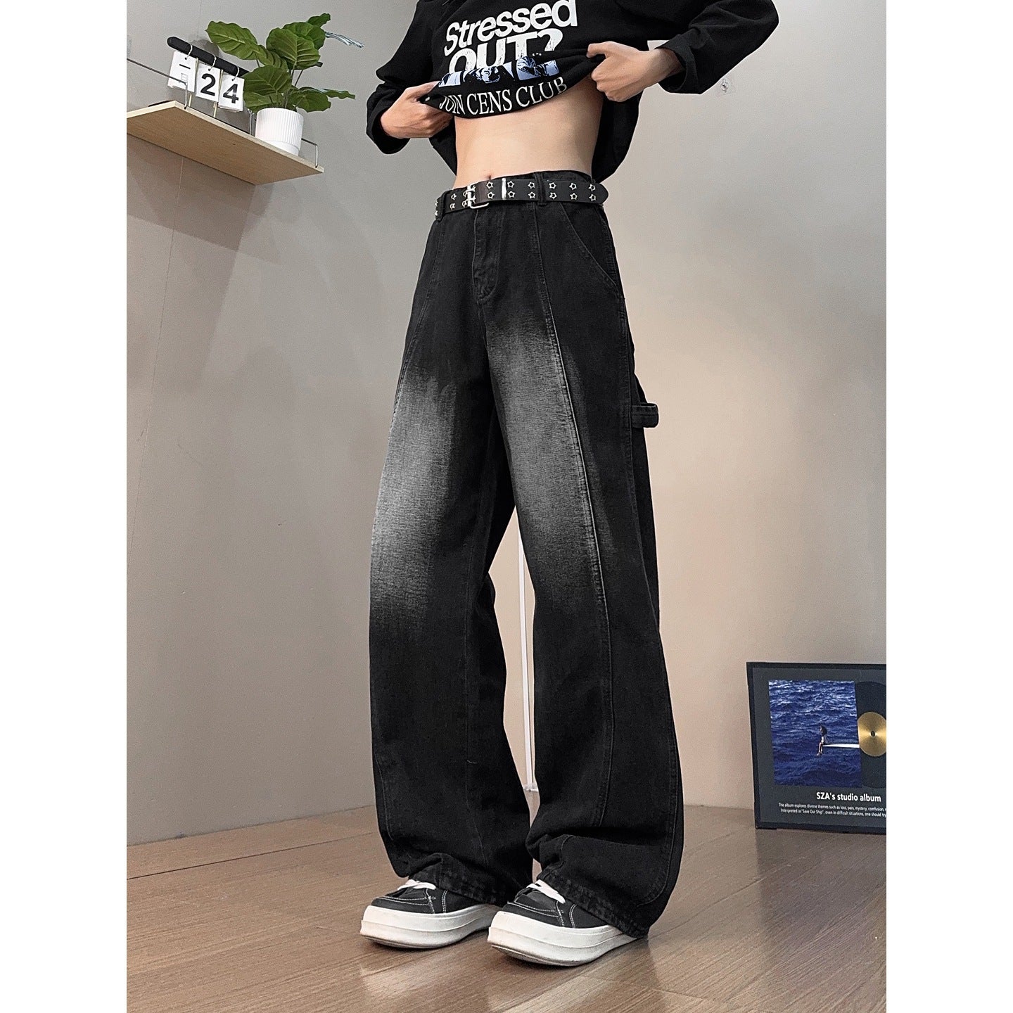 Washed Vintage Black Patchwork Mid Rise Wide Leg Denim Pants