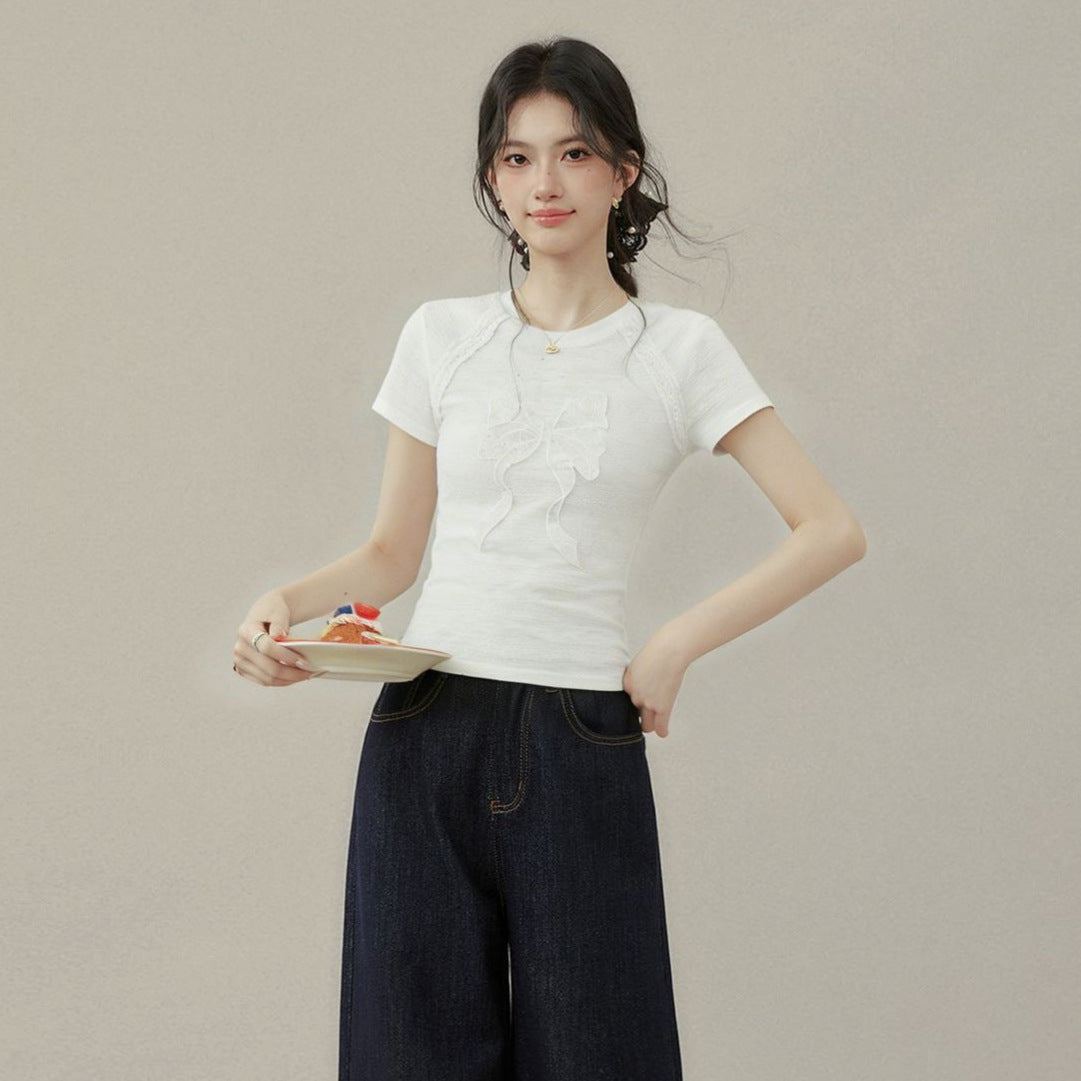 Lace Embroidery Bow Short Sleeve T Shirt Women Slim Fit Round Neck Pullover
