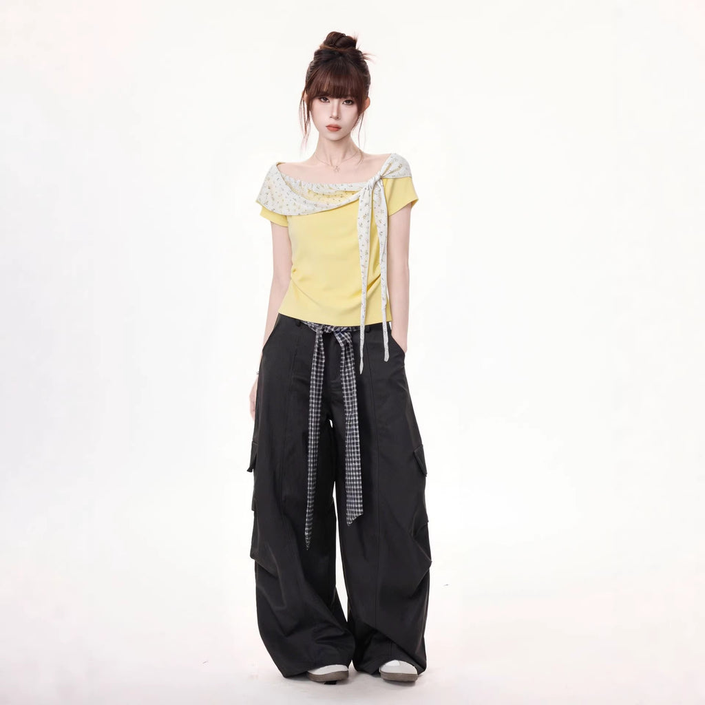 Womens Short Sleeve One Shoulder Top With False Two Piece Design Pleated Bow
