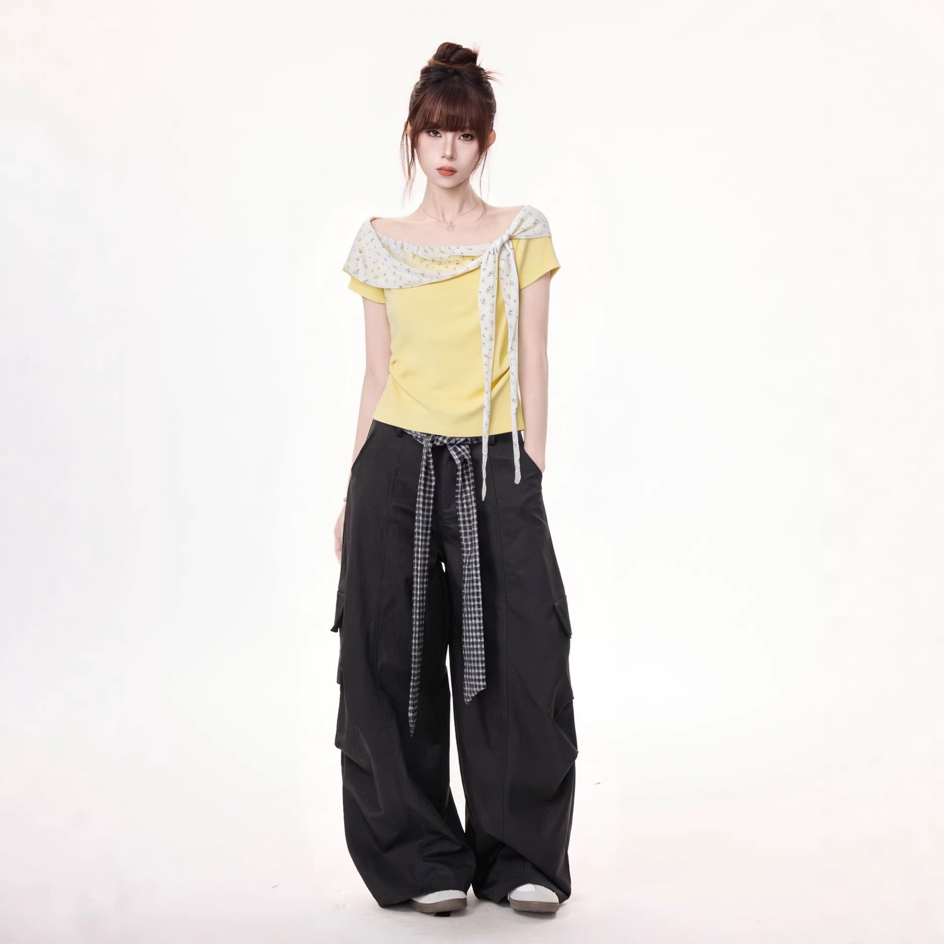Womens Short Sleeve One Shoulder Top With False Two Piece Design Pleated Bow