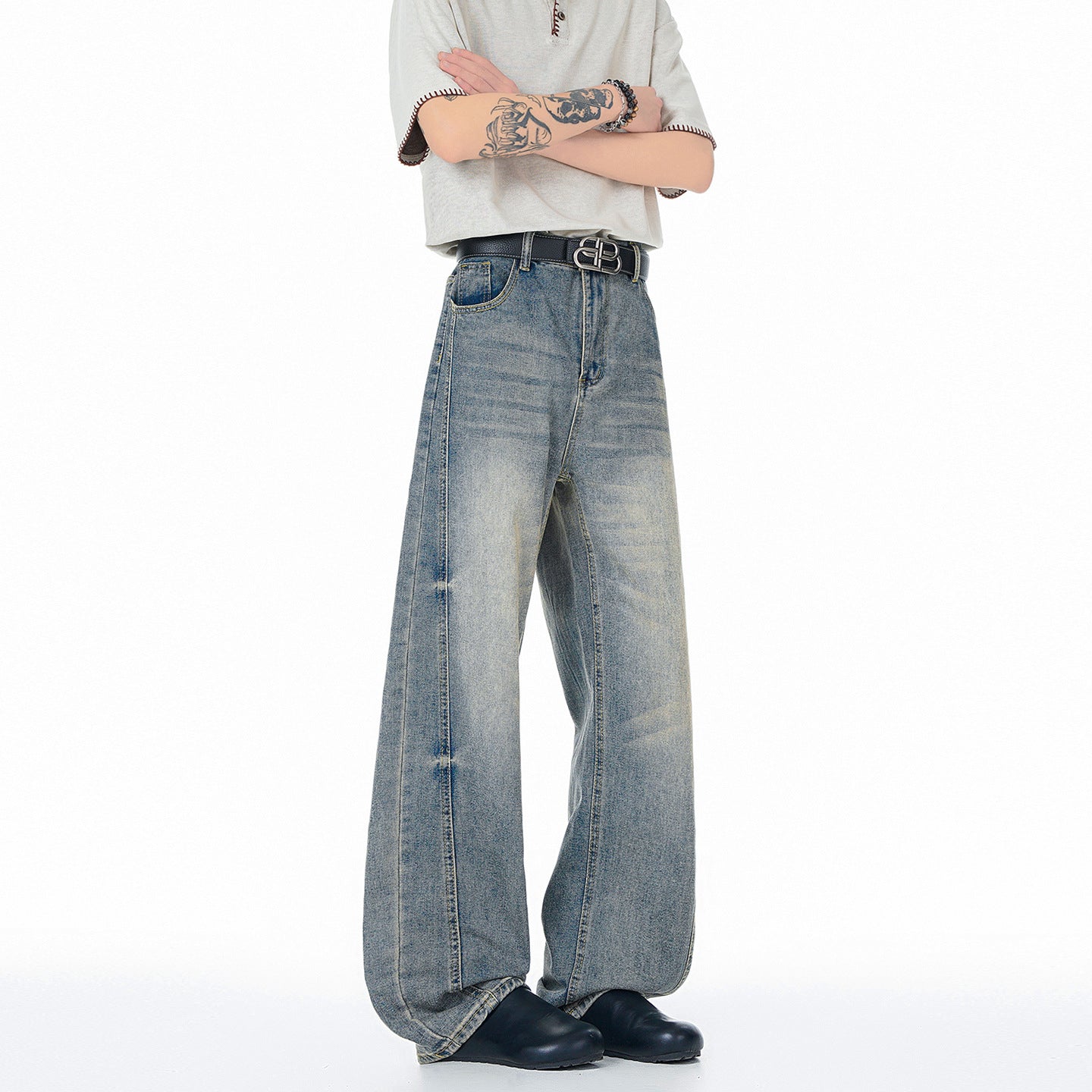 Mens Wide Leg Jeans High Waist Loose Fit Zipper Fly Cotton Washed Finish