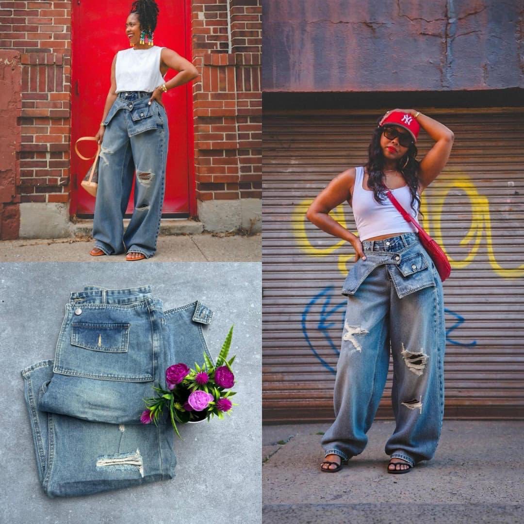 Layered Waist Design Straight Leg Jeans With Ripped Details In Blue Washed Denim