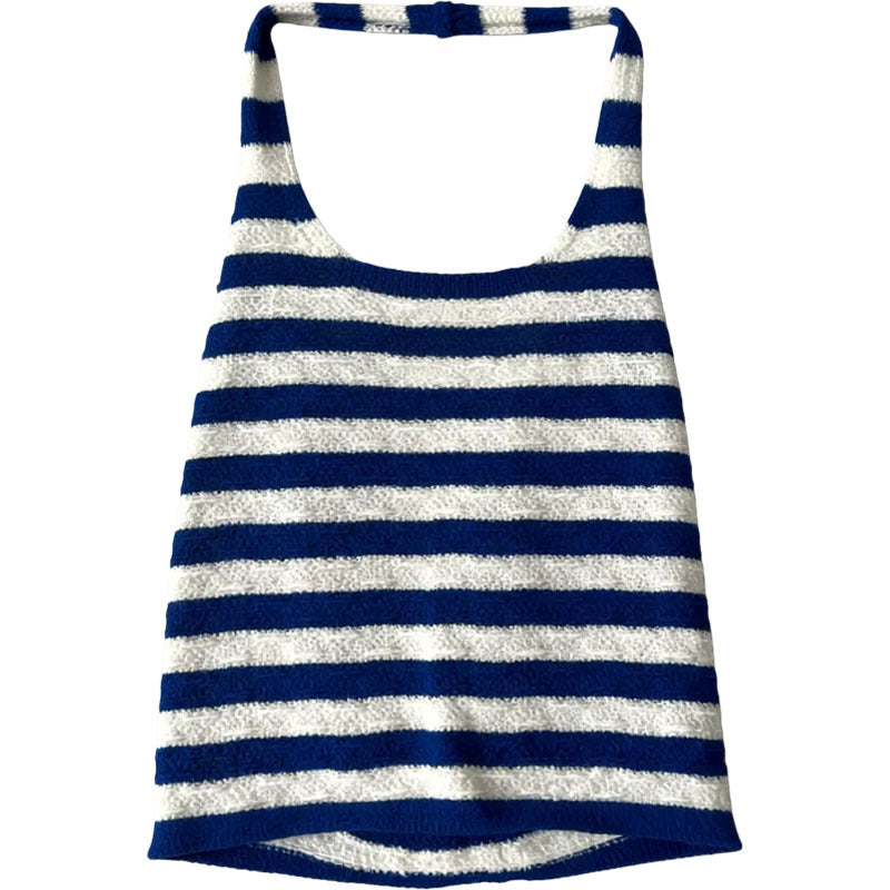 Blue and White Stripe Knit Halter Crop Top for Women Sleeveless Vest