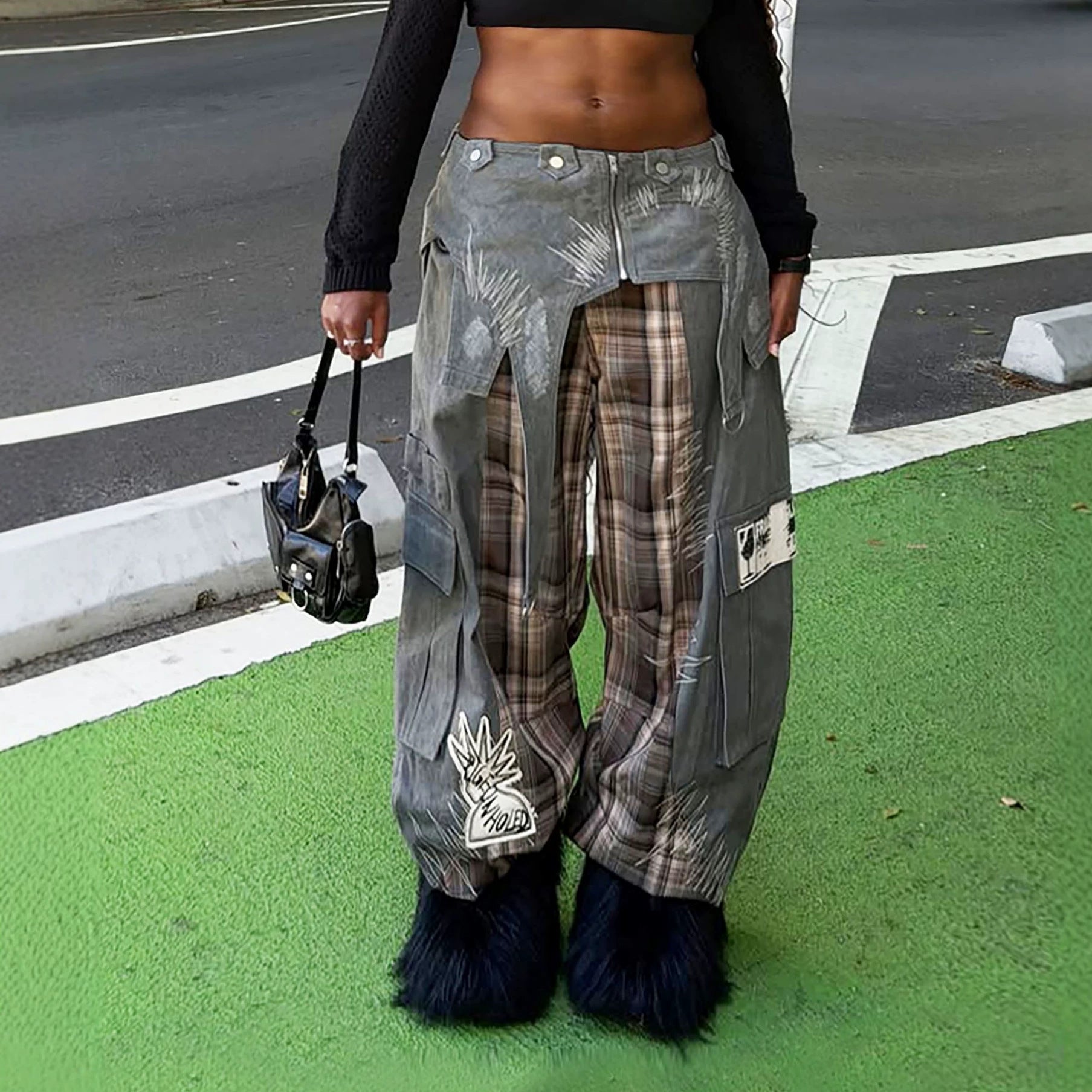 Street Style Heavy Duty Denim Jeans With Plaid Patchwork Embroidered Grey