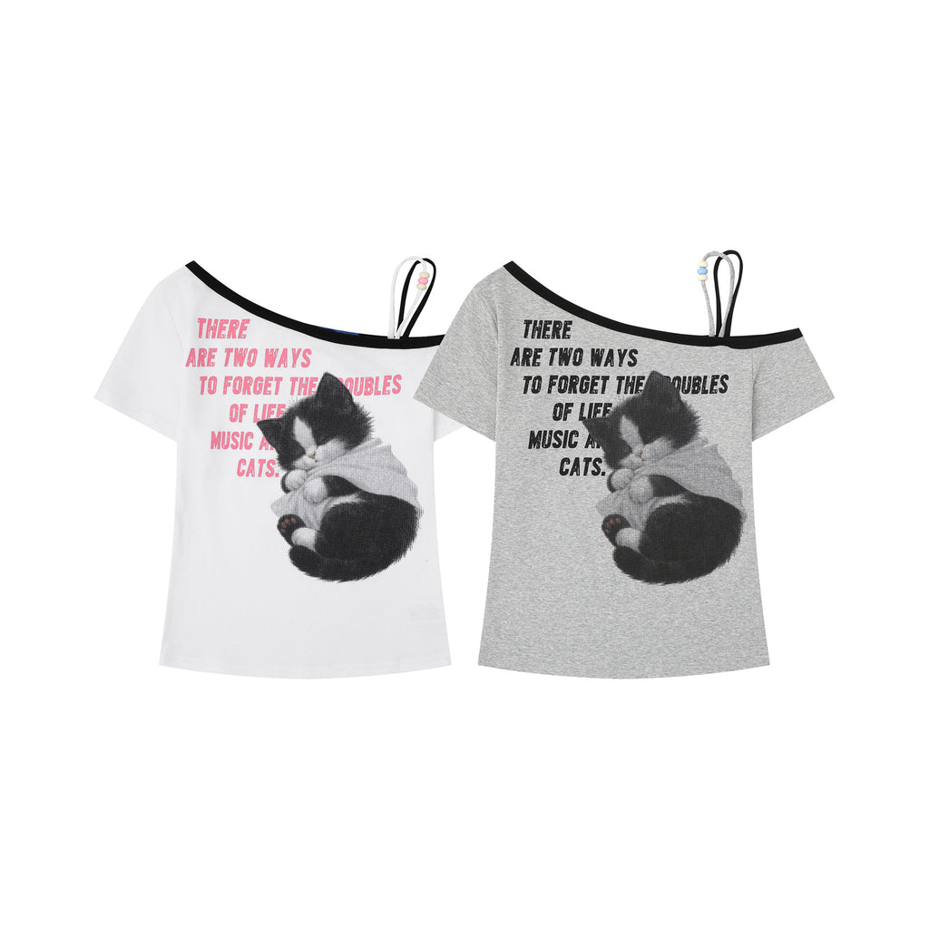 Sexy Cat Print Asymmetrical Shoulder T Shirt With Beaded Straps For Women
