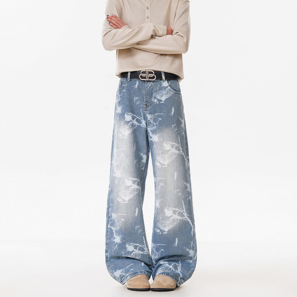 Deep Blue Denim Pants For Men Streetwear Flared Knife Cut Trousers