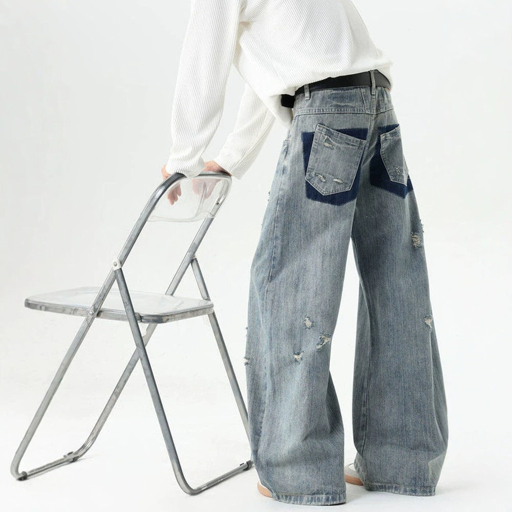 Blue Bamboo Texture Distressed Washed Jeans Oversized Tapered Straight Leg