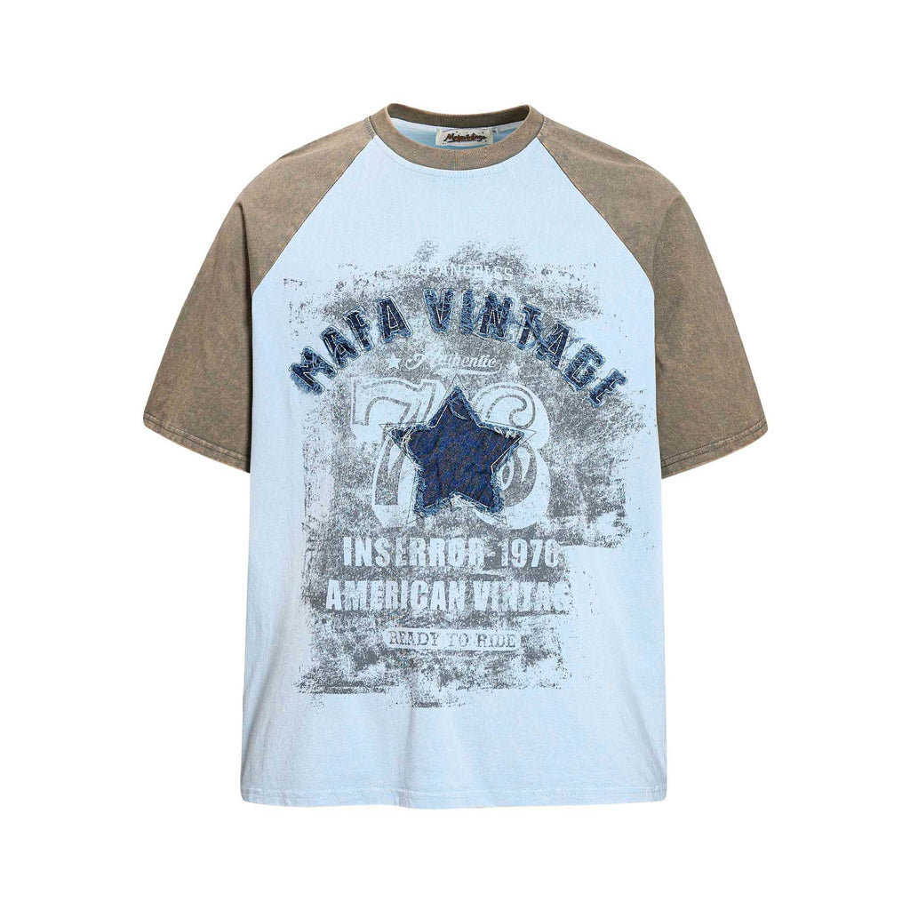 Star Sticker Embroidered Short Sleeve Shirt Navy Blue Cotton