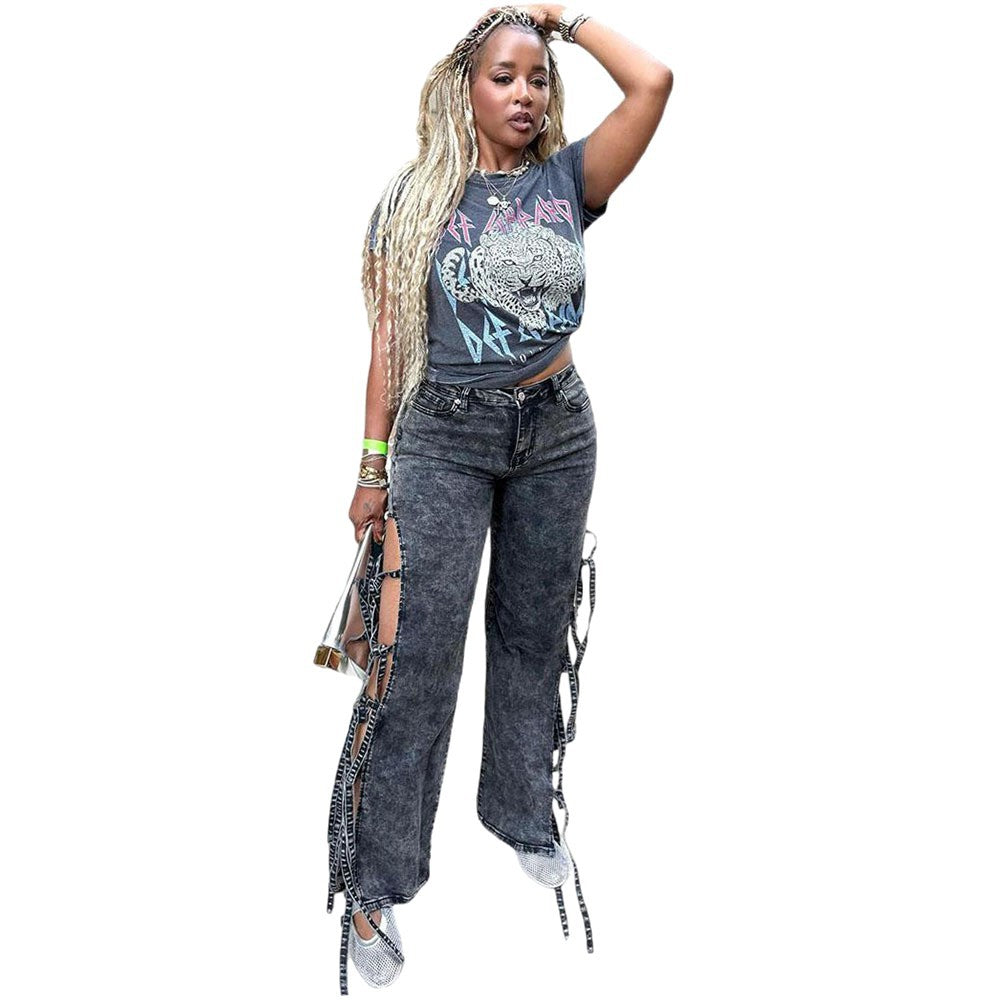 Western Style Womens High Waist Jeans With Slit And Tie String Detail