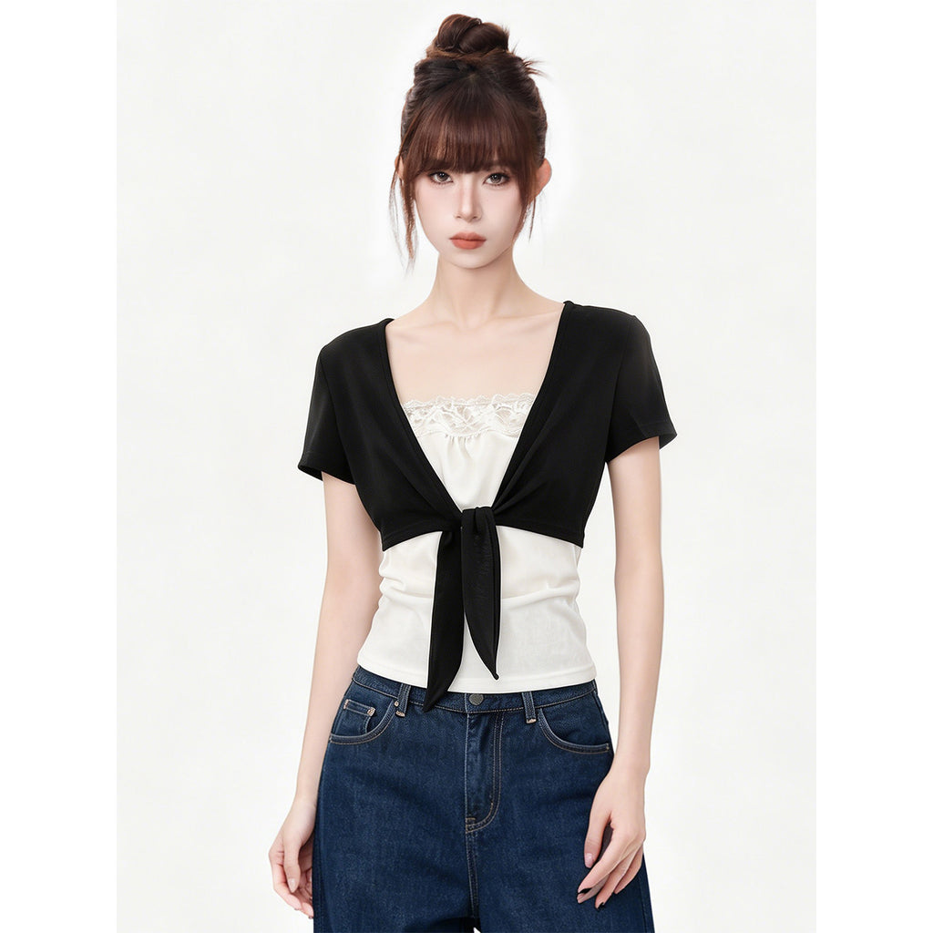 Women Tie Up Short Sleeve Top Slim Fit Color Block Cotton Tee