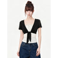 Women Tie Up Short Sleeve Top Slim Fit Color Block Cotton Tee