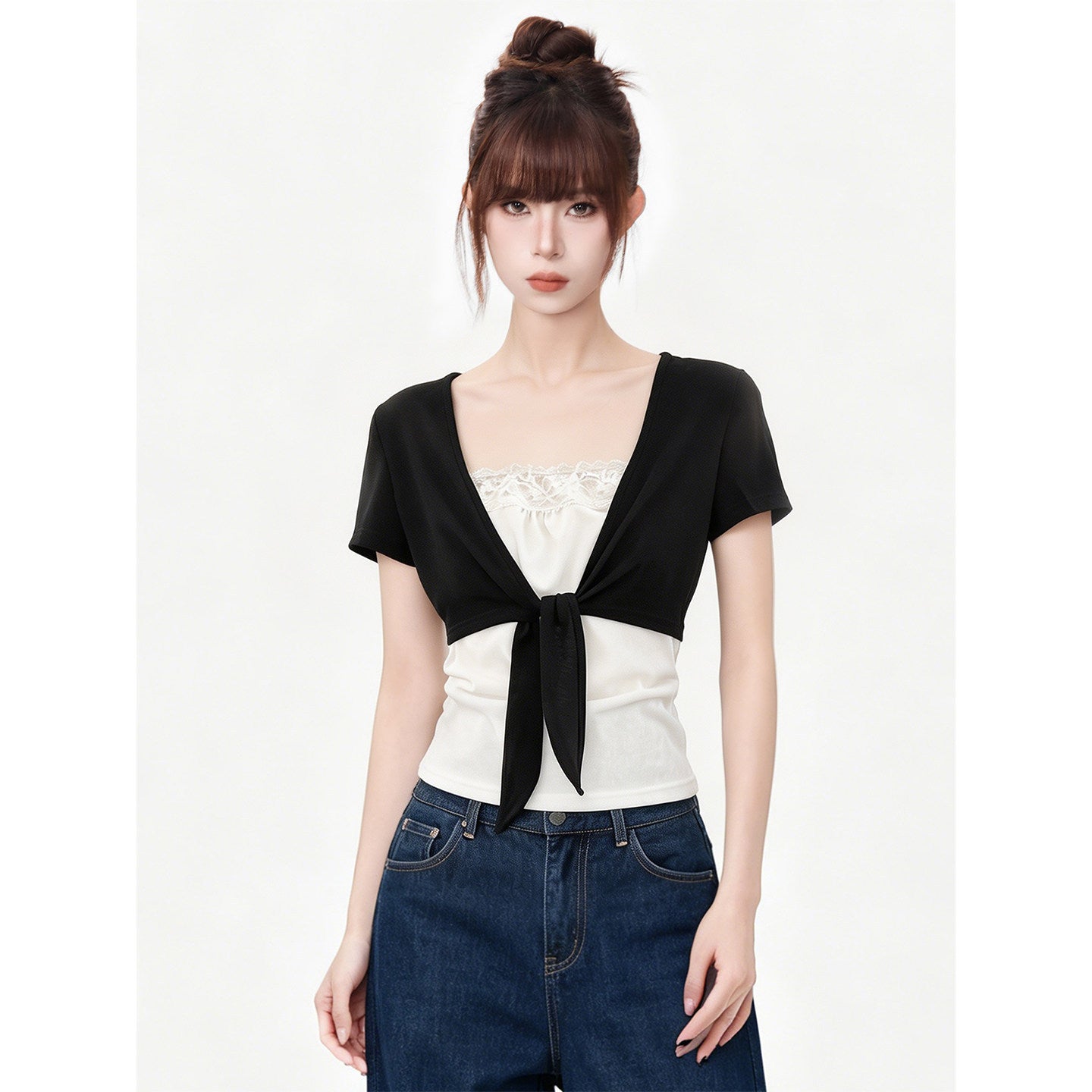 Women Tie Up Short Sleeve Top Slim Fit Color Block Cotton Tee