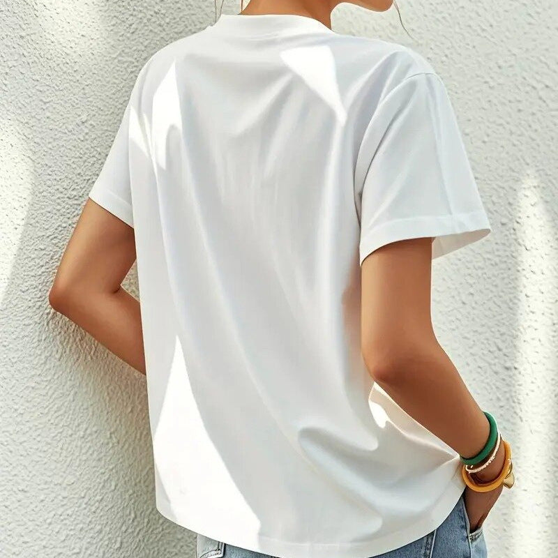 White Cotton Unisex Printed Round Neck Loose T Shirt Casual Tee