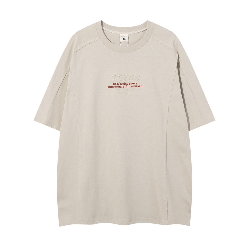 Embroidered Slogan Short Sleeve Cotton Blend Casual Tee With Floral Pattern