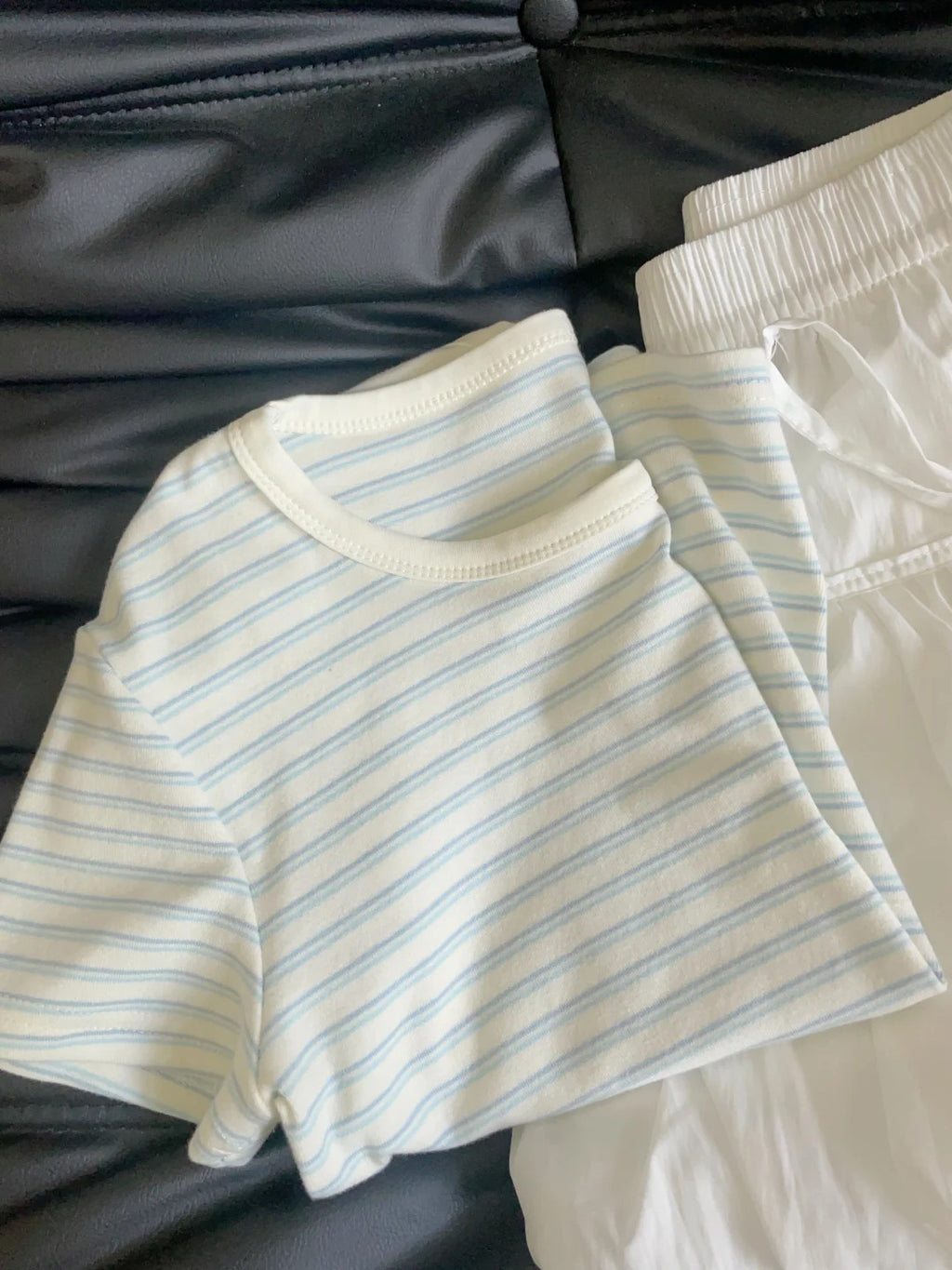 Womens Blue White Striped Cotton Short Sleeve T Shirt Round Neck Regular Fit