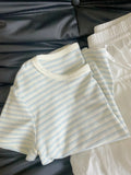 Womens Blue White Striped Cotton Short Sleeve T Shirt Round Neck Regular Fit