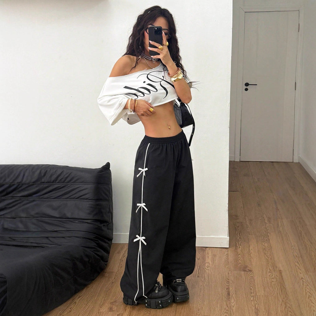 Women Elastic Waist Straight Leg Pants Black Polyester Casual Wear