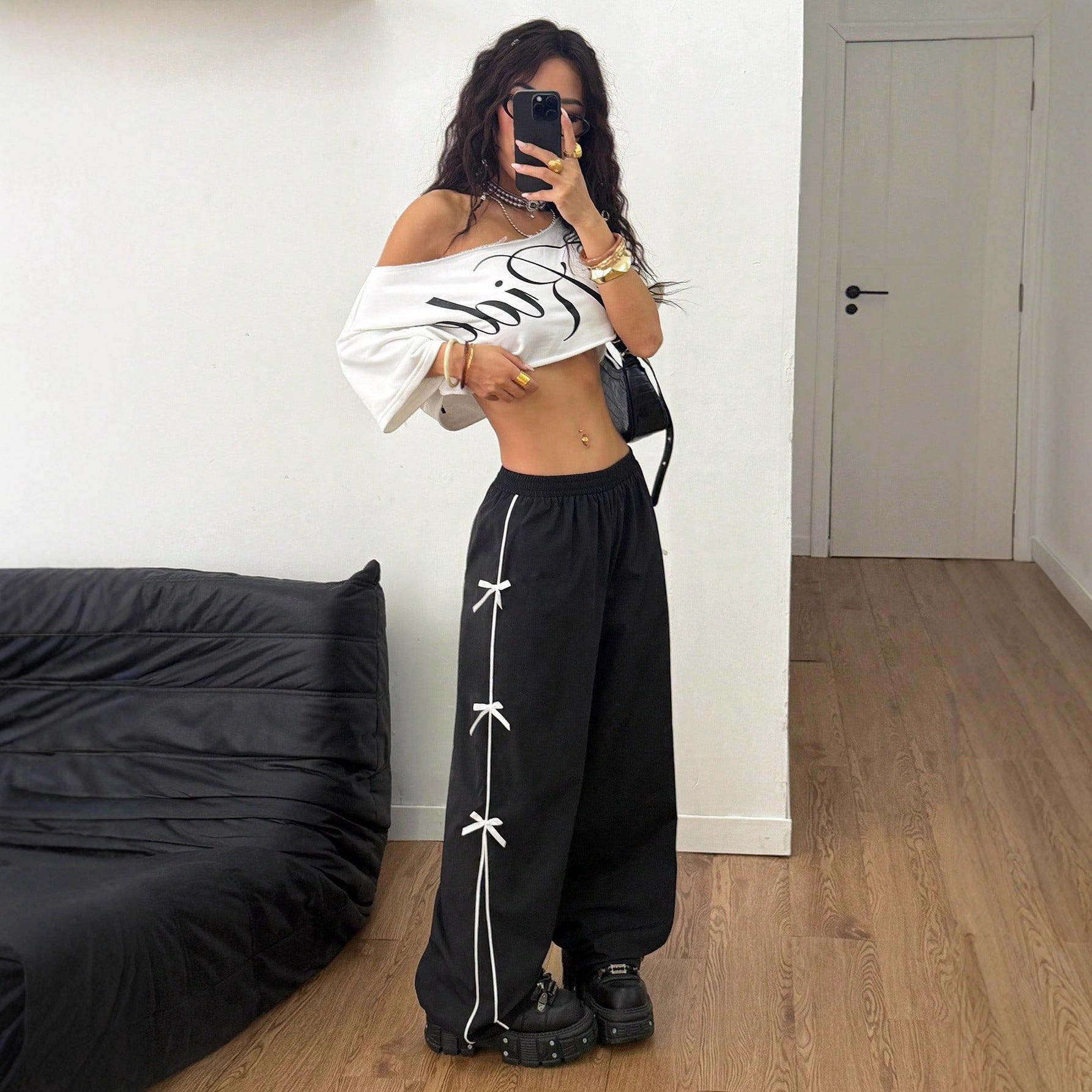 Women Elastic Waist Straight Leg Pants Black Polyester Casual Wear
