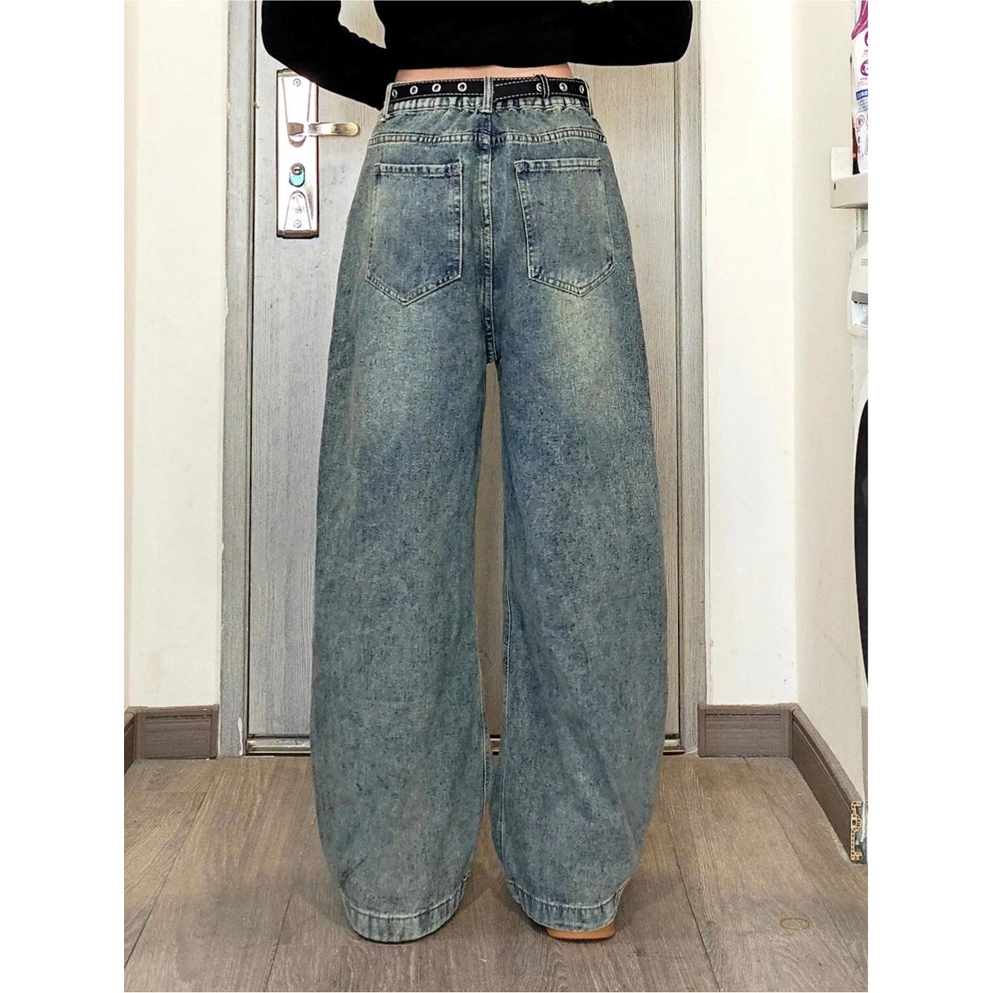 Retro Blue Patchwork Gradient Jeans with Knife Edge Hem High Waist Straight Leg