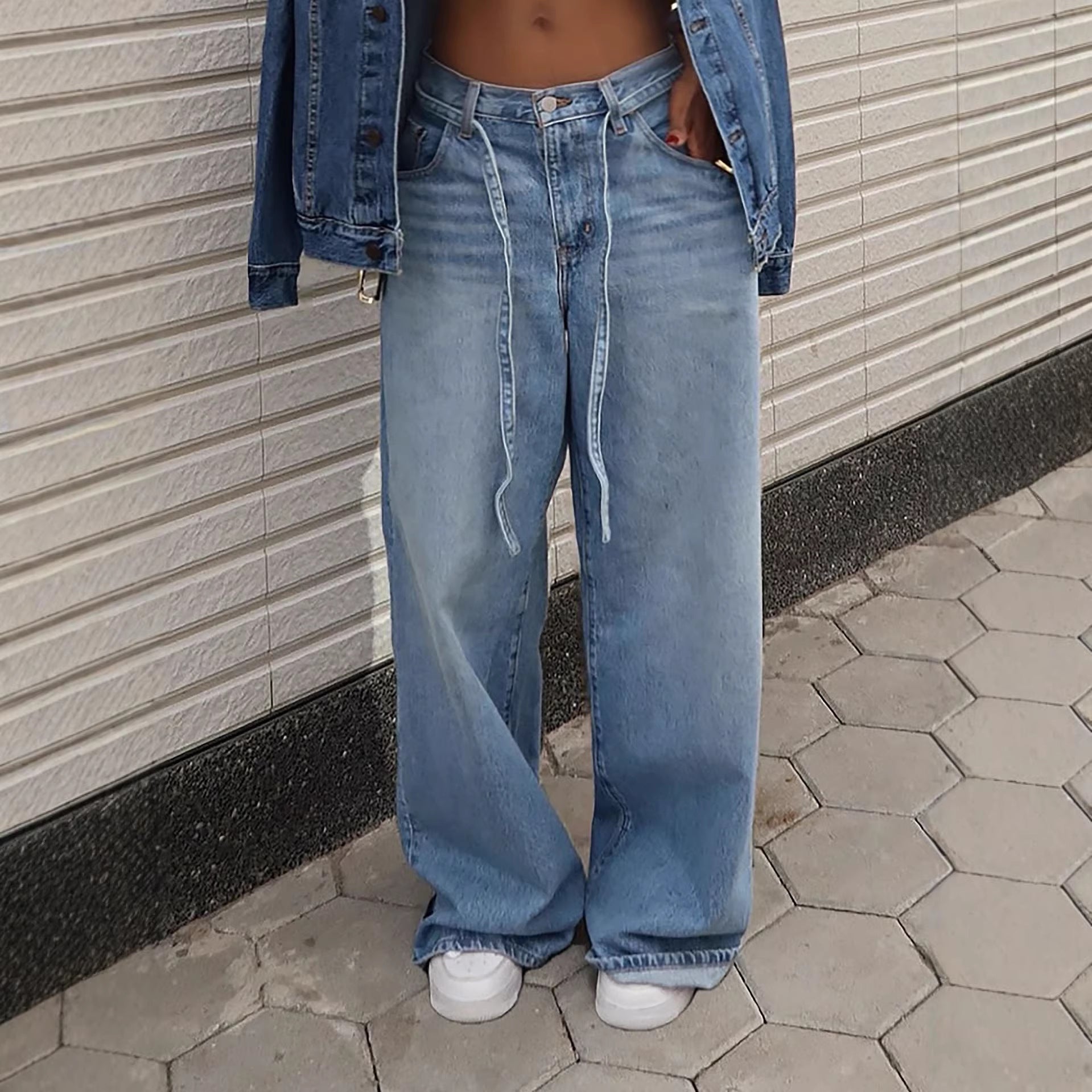 Casual Korean Japanese High Waisted Washed Denim Pants With Straight Leg