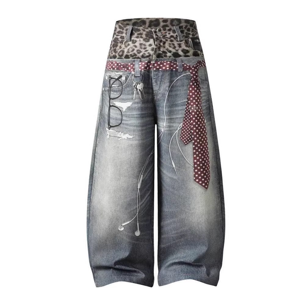 Street Style Leopard Print 3D Printed Denim Pants With Double Waistband
