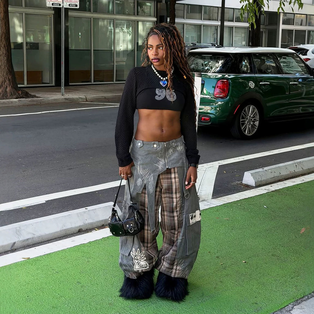Street Style Heavy Duty Denim Jeans With Plaid Patchwork Embroidered Grey