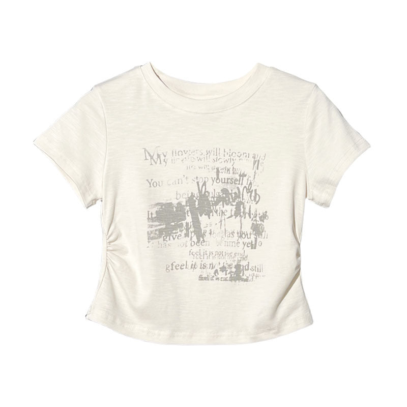 Khaki Round Neck Short Sleeve Printed T Shirt For Women With Gathered Waist