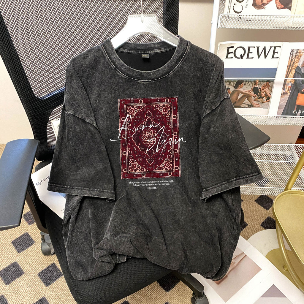Washed Black Cotton Printed Short Sleeve Round Neck Loose Fit T Shirt