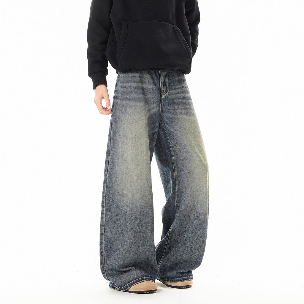 Texture Washed Knife Edge Denim Pants For Men Loose Fit