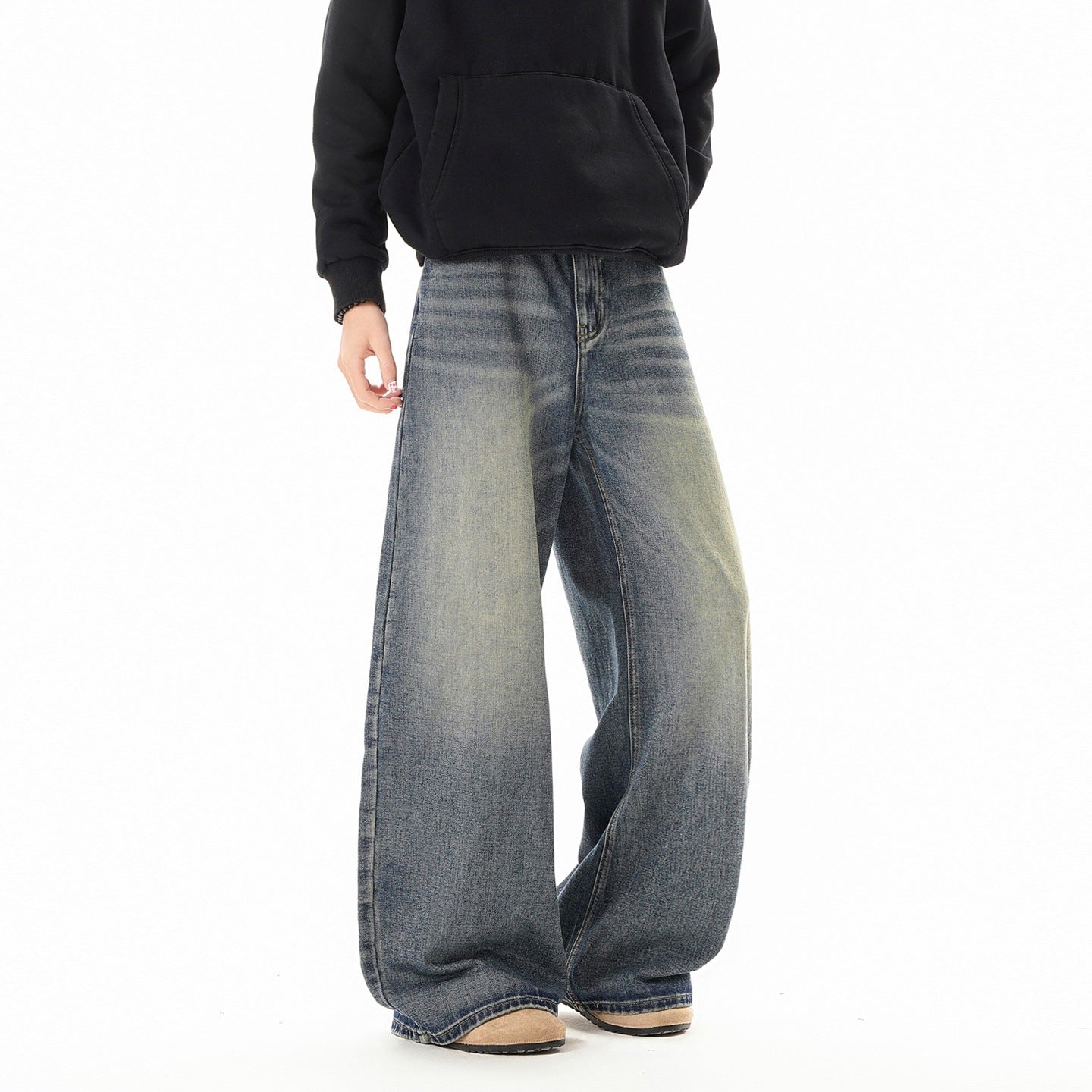 Texture Washed Knife Edge Denim Pants For Men Loose Fit