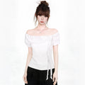 Womens Short Sleeve One Shoulder Top With False Two Piece Design Pleated Bow