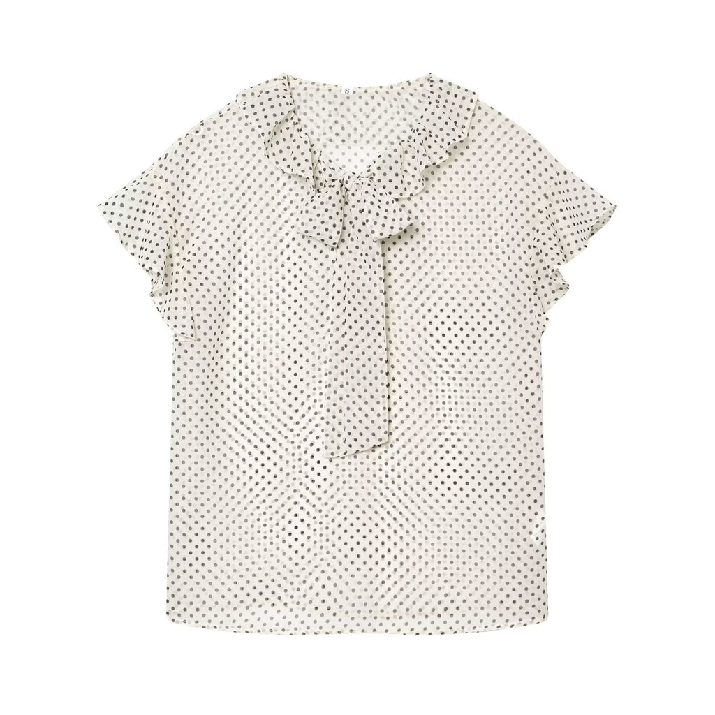Polka Dot Bow Embellished Lace Collar Sleeveless Shirt for Women