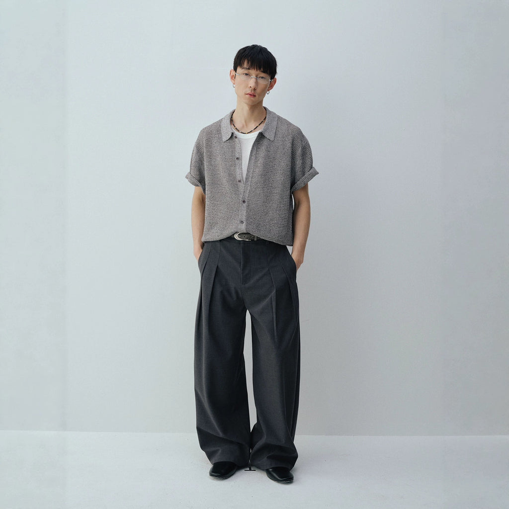 Mens Classic Knit Short Sleeve Shirt Hong Kong Style Dark Gray Loose Fit
