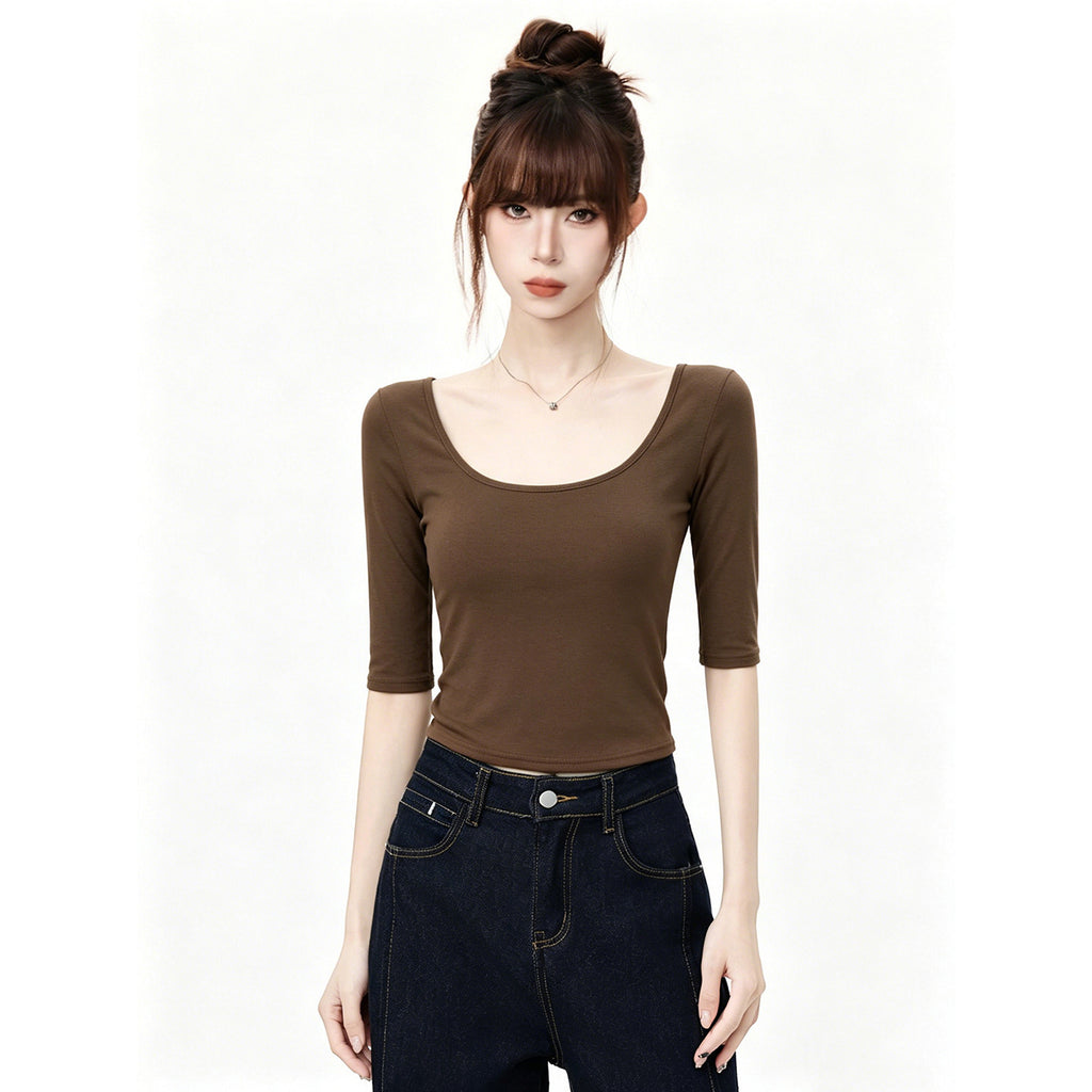 White Deep U Neck Slim Fit T Shirt For Women Mid Sleeve Top