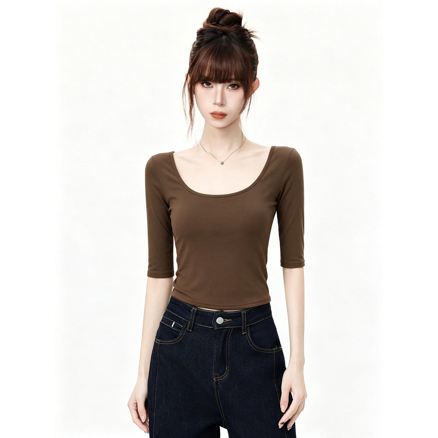 White Deep U Neck Slim Fit T Shirt For Women Mid Sleeve Top