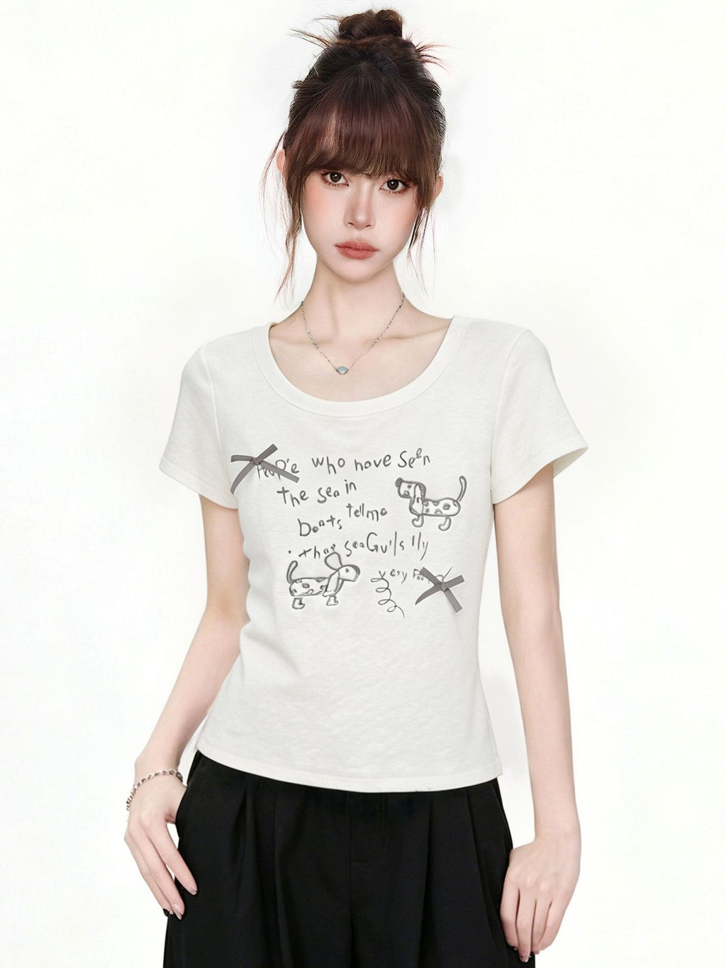 White Dachshund Embroidered T Shirt For Women Bow Detail Slim Fit