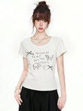 White Dachshund Embroidered T Shirt For Women Bow Detail Slim Fit