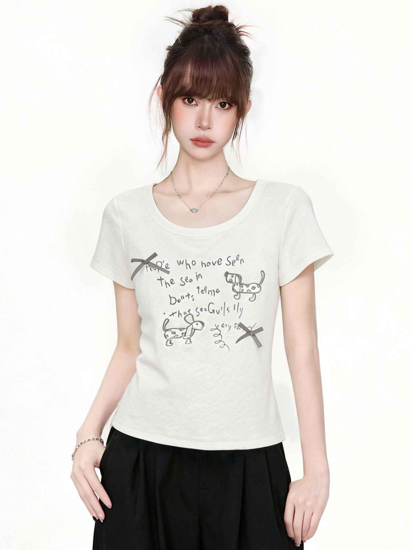 White Dachshund Embroidered T Shirt For Women Bow Detail Slim Fit