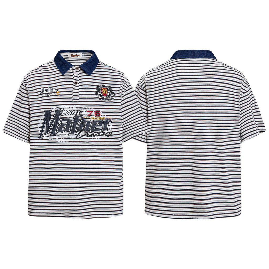 Blue Floral Print Short Sleeve Casual Shirt With Embroidered Stripe Cotton Blend