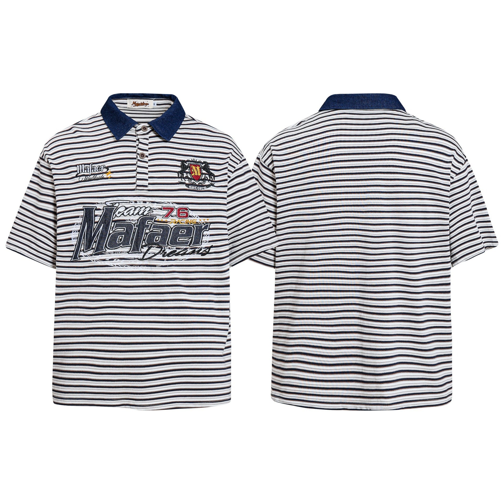 Blue Floral Print Short Sleeve Casual Shirt With Embroidered Stripe Cotton Blend