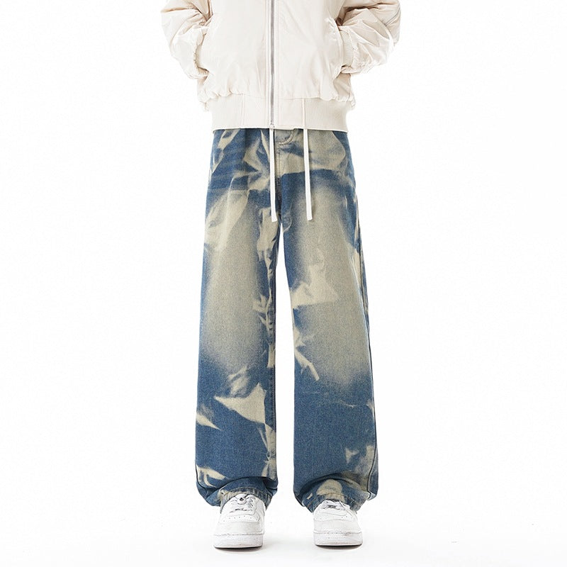Mens Gray Green Camouflage Denim Pants Street Style Loose Fit