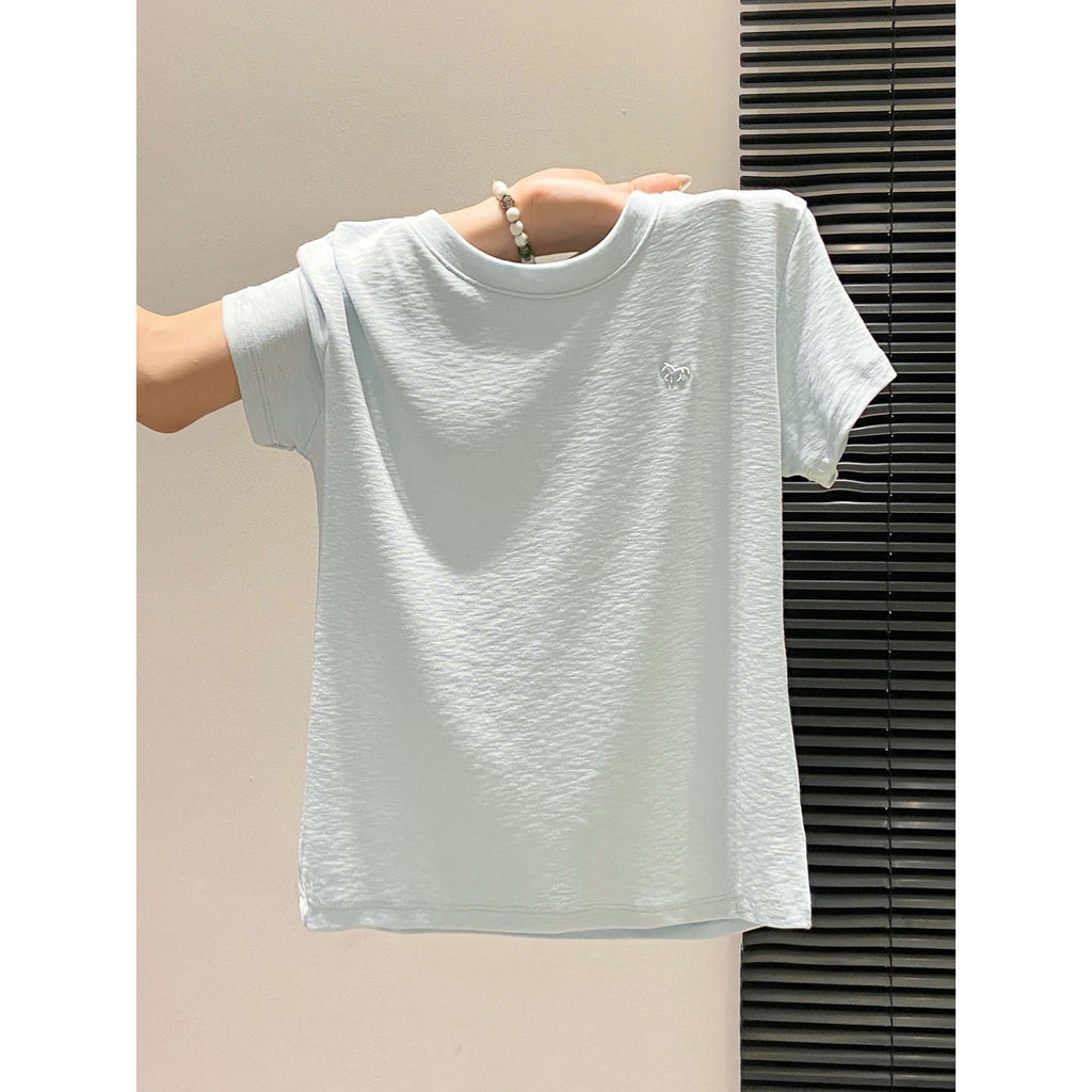 Small Batch Embroidered Round Neck Short Sleeve Tee With Patchwork