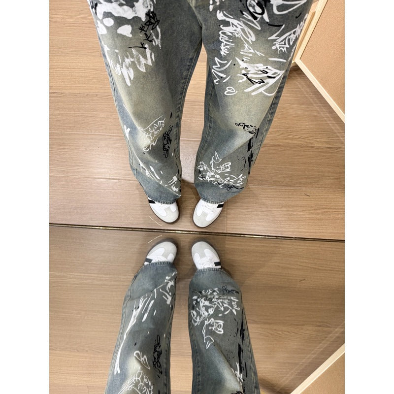 Doodle Splatter Denim Pants for Men with Retro Graffiti Embroidery