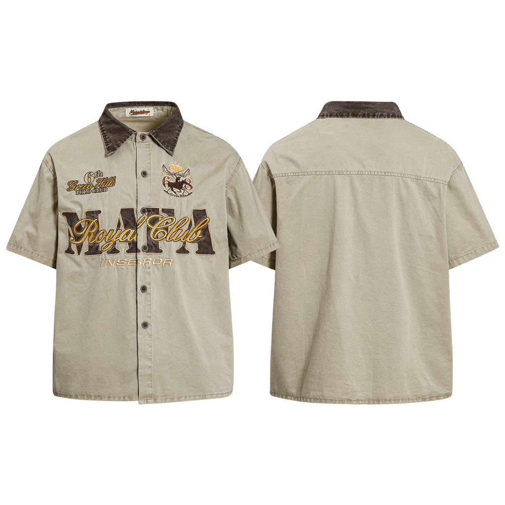 Khaki Emblem Embroidered Short Sleeve Cotton Shirt Loose Fit