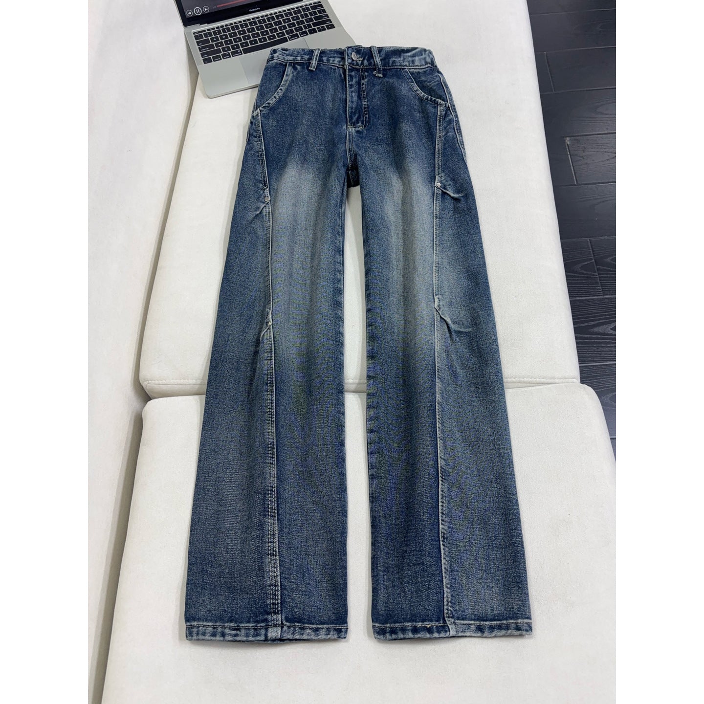 Lightning Pattern Washed Denim Pants For Men Straight Leg Jeans