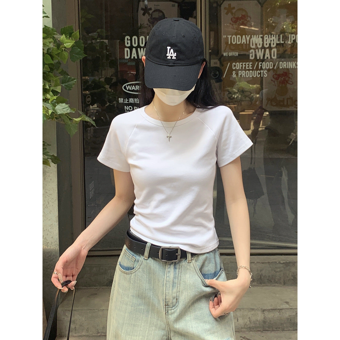 Korean Style Raglan Sleeve Crop Top For Women Slim Fit Short Cotton Blend
